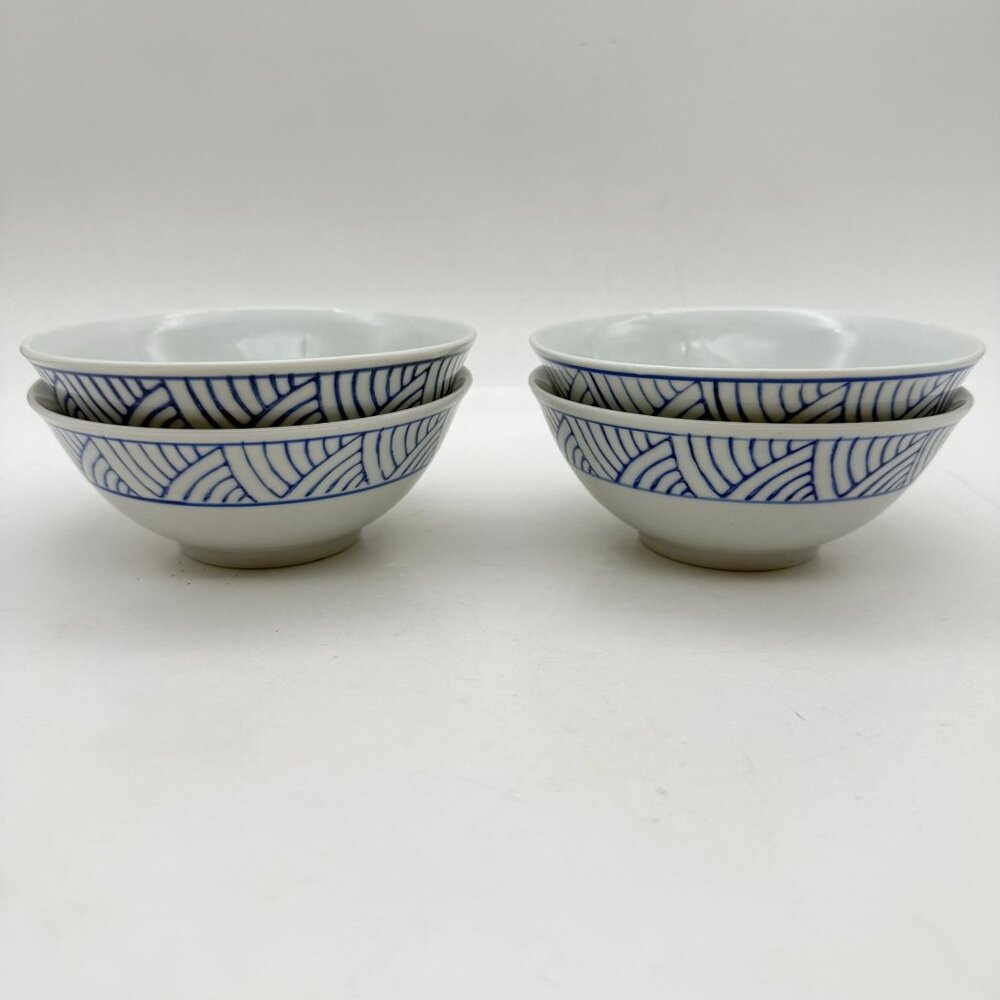Pier 1 Ceramic Nesting Rice Bowls X 4 Japanese Blue Wave Seigaiha Pattern